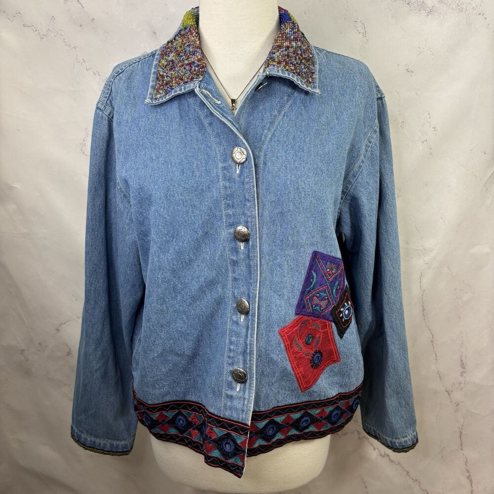 Vintage 90s Patchwork Denim Jacket M Beaded Collar Southwestern Concho Artsy L - Picture 11 of 16